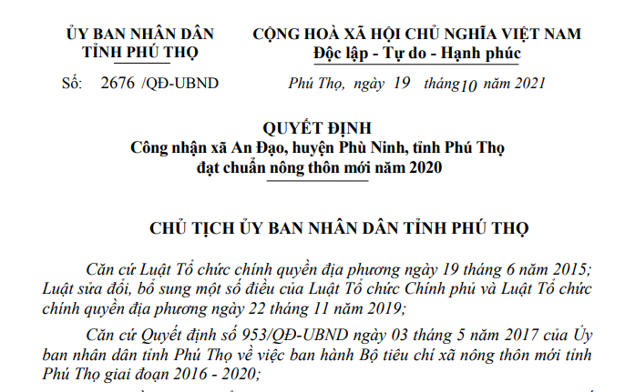 Công nhận xã An Đạo, huyện Phù Ninh, tỉnh Phú Thọ đạt chuẩn nông thôn mới năm 2020